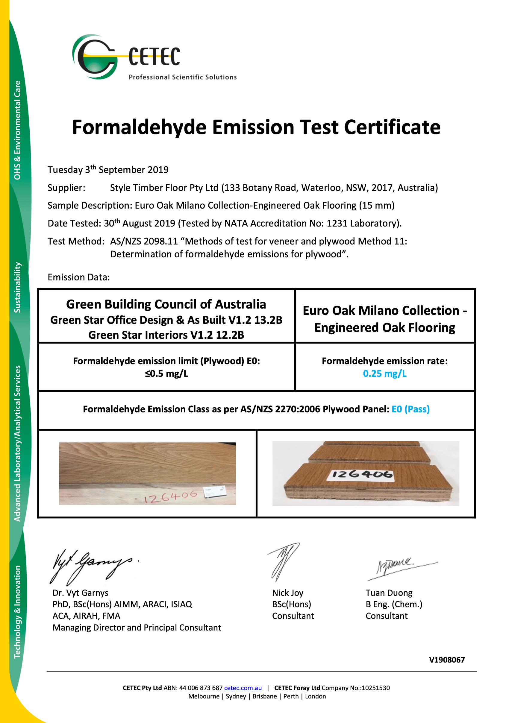 STF Formaldehyde Emission Test Certificate 2 Style Timber Floor